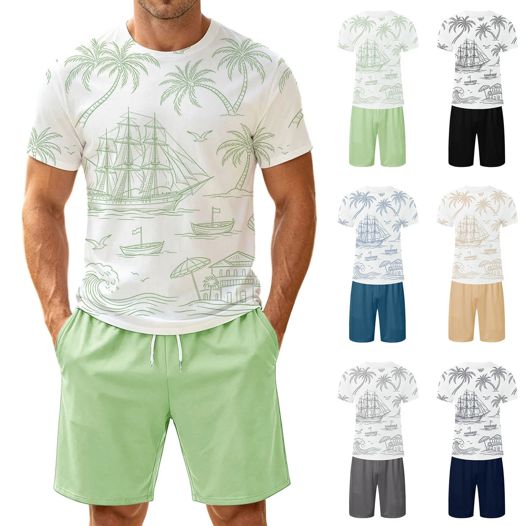 Men's Two Piece Set: Fun Printed Short Sleeved T Shirt And Belt Shorts Stylish And Simple Printed Set Tuxedo Suit Set for Men