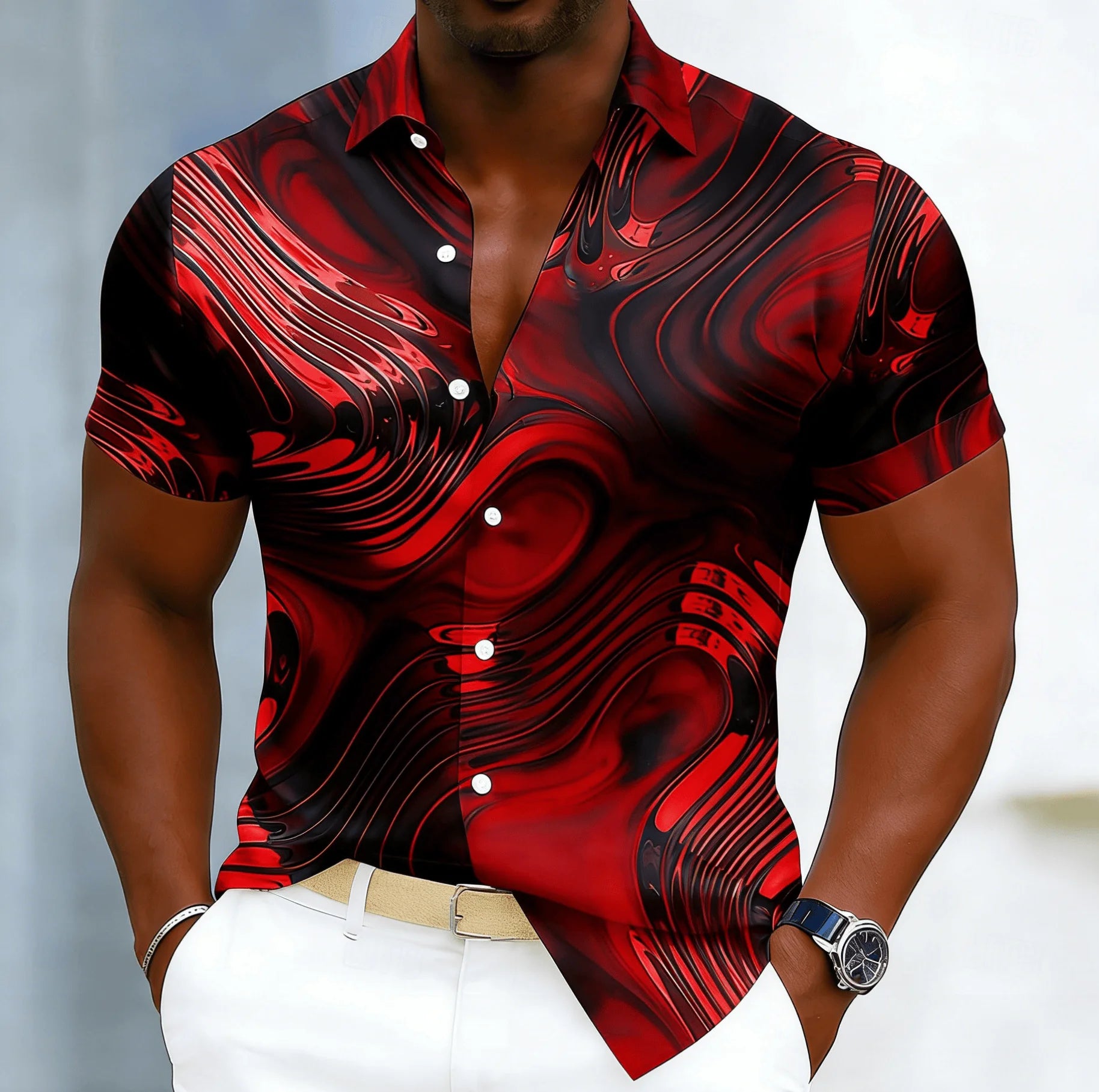 Men's Cyberpunk Fluid Gradient Print Short Sleeve Shirt, Spring Summer Edgy Casual Party Blouse, Loose Casual Top