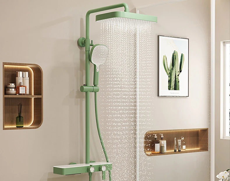 JIENI Brushed Gold Bathroom Shower Set Rainfall Hot And Cold Control Multifunctional Bath Shower Faucet System W/ Hand Shower