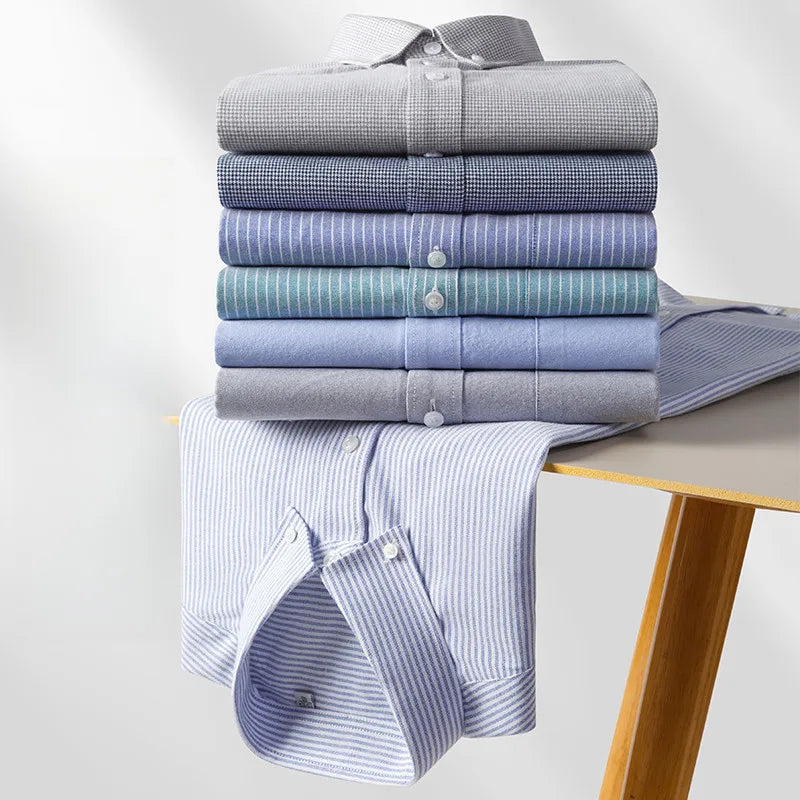 Newly Design Shirts For Men Spring Fall Long Sleeve Solid Color Oxford 100% Cotton Smart Casual Business Stripe Plaid White 5XL