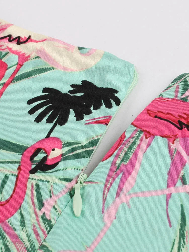 Flamingo Print High Waist Pinup Retro Dress S to 4XL 95% Cotton Women O-Neck Sleeveless Summer 50s Vintage Dresses women dress