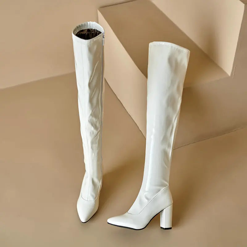 New Red Thigh High Women Boots Side Zip Pointed Toe Winter Shoes Elastic Patent Leather Over-the-Knee Boots Plus Size 44 45 46