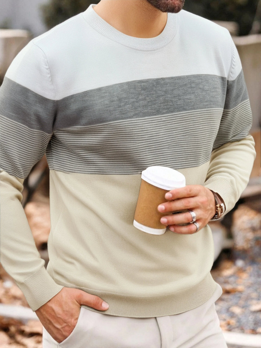 Men Spring Autumn Crew Neck Color Block Horizontal Striped Knit Sweater Long Sleeve Slim Casual Pullover Tops
