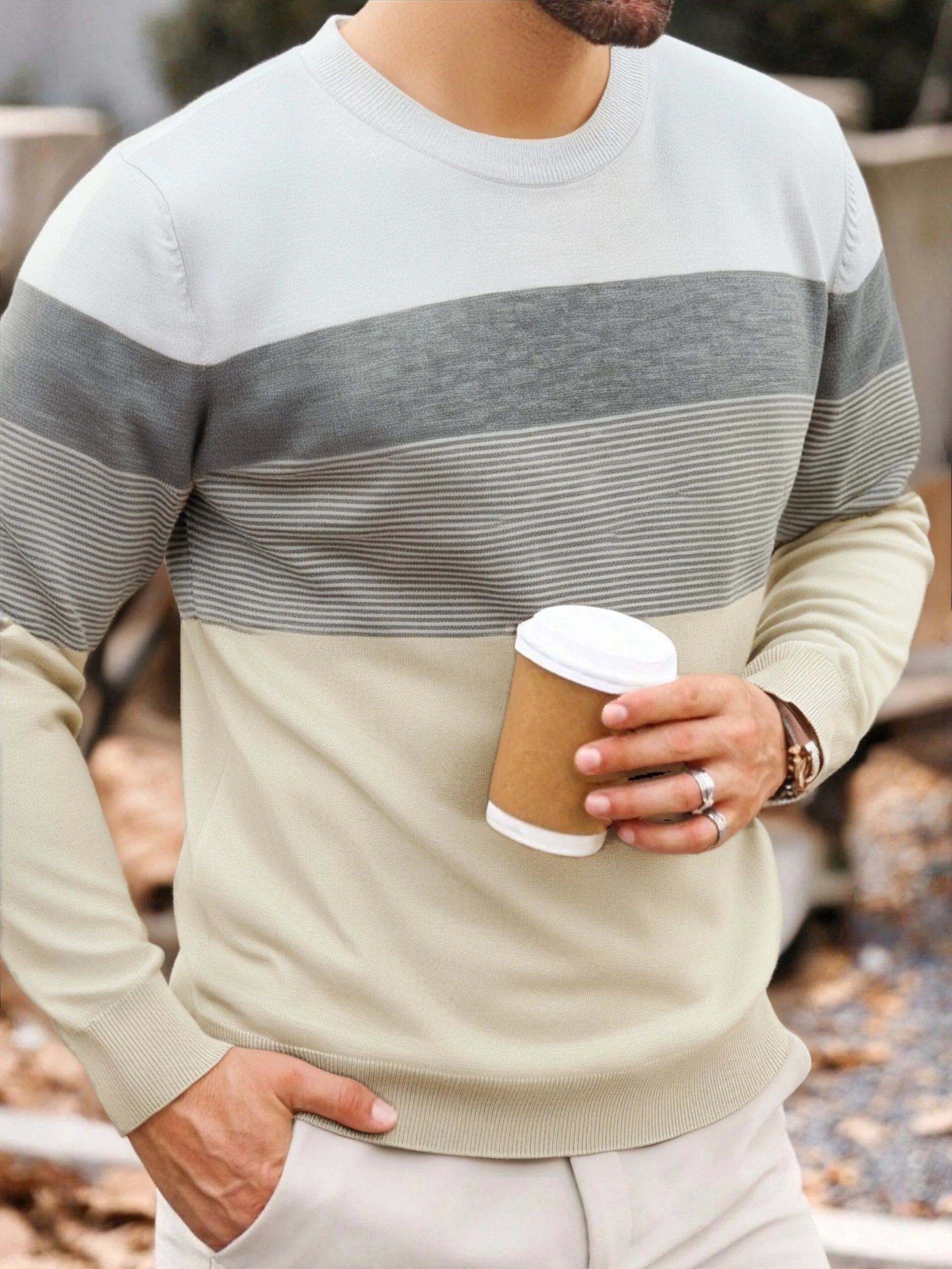 Men Spring Autumn Crew Neck Color Block Horizontal Striped Knit Sweater Long Sleeve Slim Casual Pullover Tops