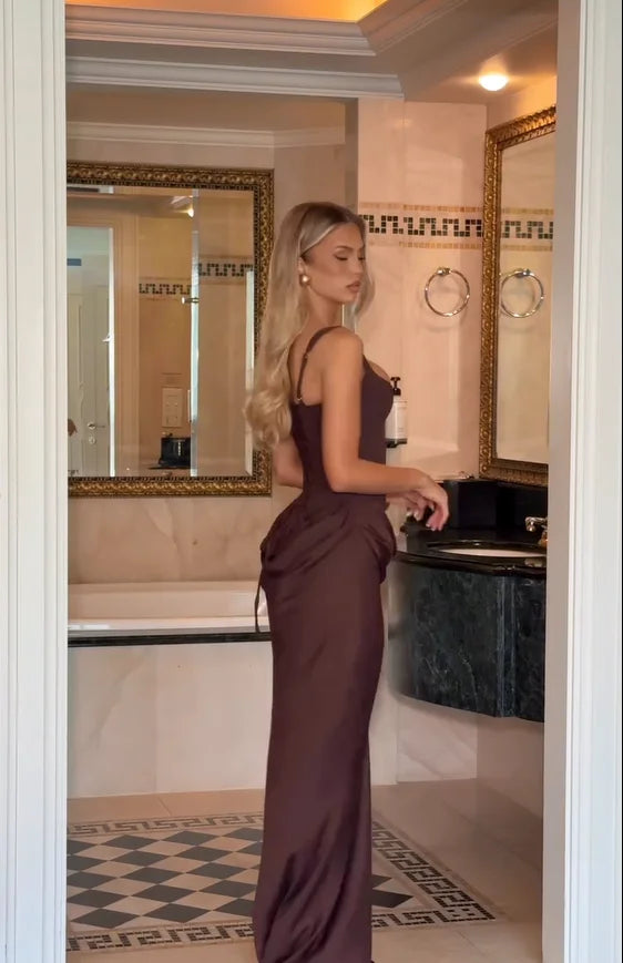 Solid Pleated Sling Dress Women Square Neck Sleeveless Off-shoulder Waist Cinching Slim Dresses 2026 Lady Evening Party Gowns
