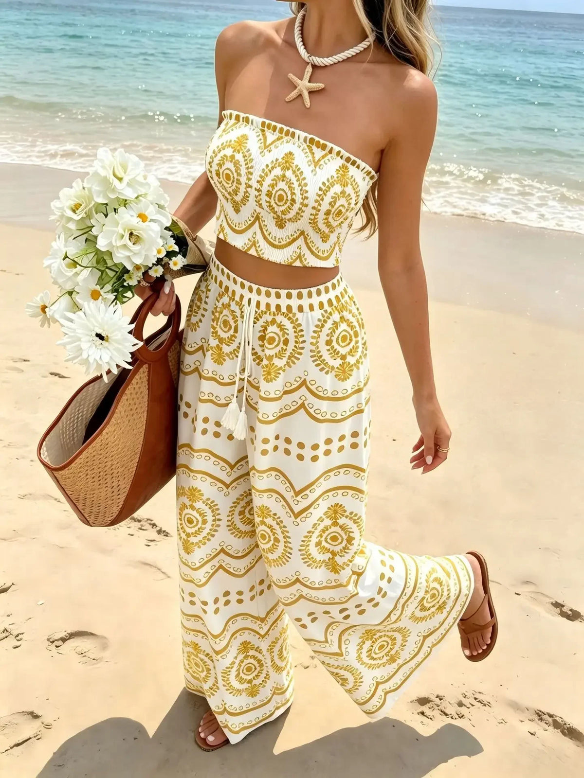 New Bohemian Vacation Plant Print Bandeau Wide Leg Pants, Fashion Two Piece Outfit