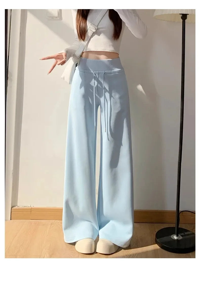Women High Waist Drawstring Wide Leg Sweatpants Casual Loose Solid Color Straight Trousers Soft Sports Jogger Pants Streetwear