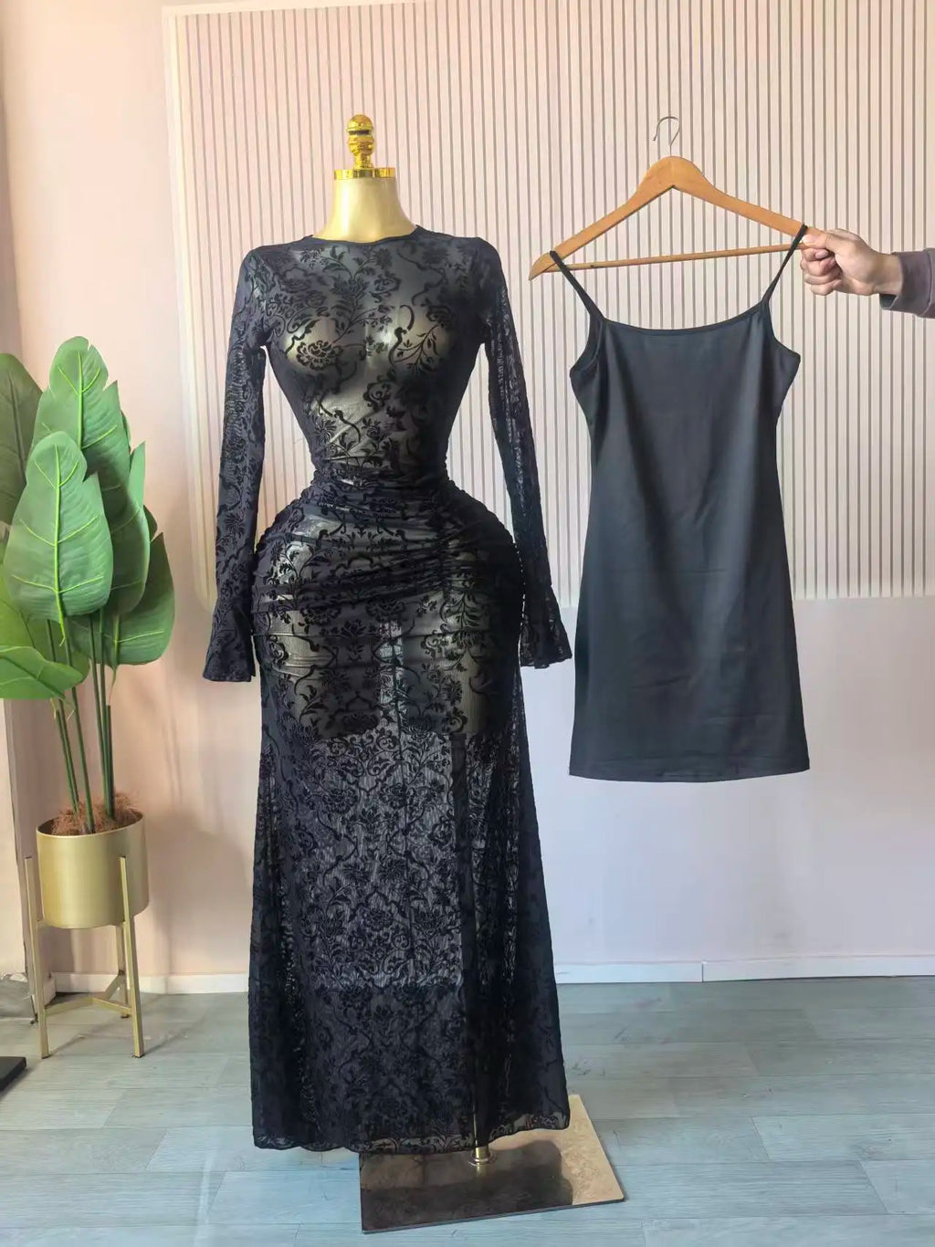 CM.YAYA Women Long Sleeve Ruched Mesh See Though with Lining Bodycon Long Dress 2025 Fall Evening Birthday Sexy Party Dresses