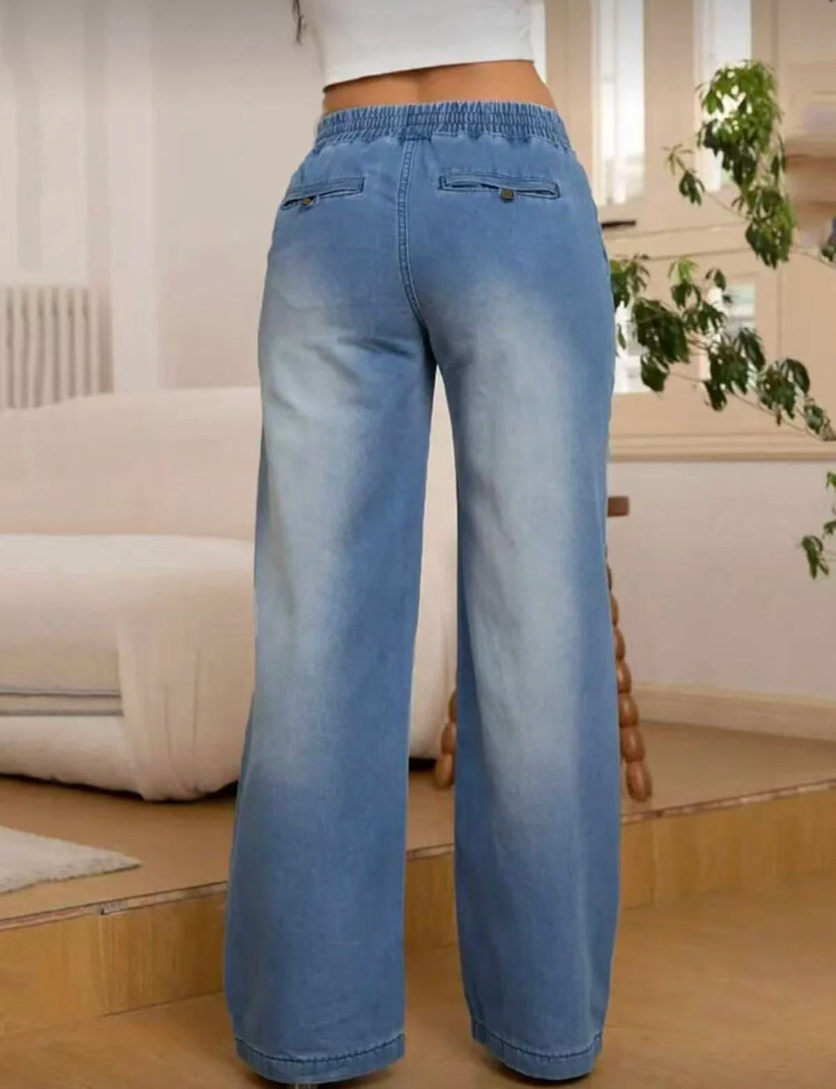 Elastic Waistband Drawstring Jeans with Pocket Elastic