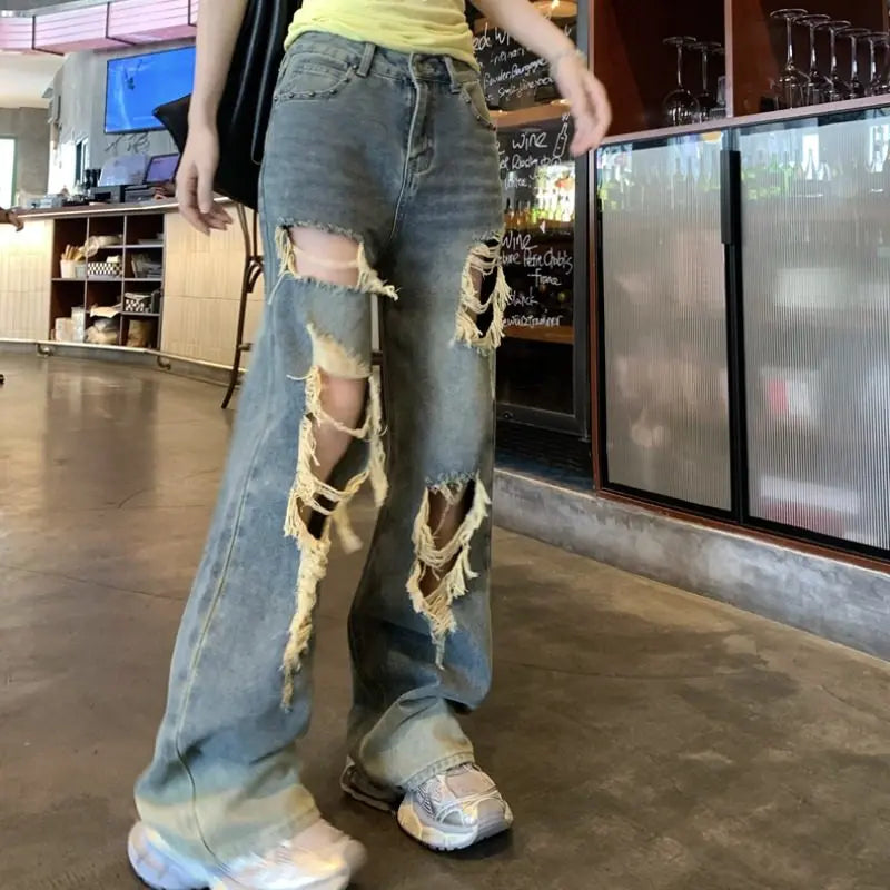 Retro Ripped Jeans for Women Summer High Waisted Loose Straight Leg Pants 2026 New Casual High Street Wide Leg Denim Trousers