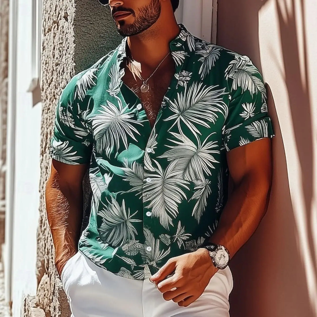 Men's Leaf Aloha Shirt Short Sleeve Hawaiian Vacation Summer Spring Turndown Button Up White Blue Green Disfraz De Hombre