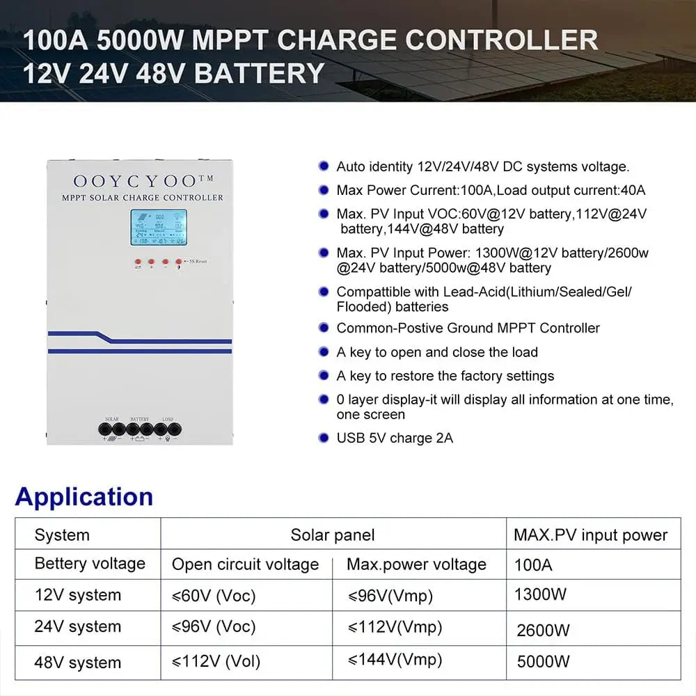 OOYCYOO 100 Amp MPPT Charge Controller MPPT 12V 24V 36V 48V Auto, 100amp Solar Charge Regulator Max 150V w/LCD Display
