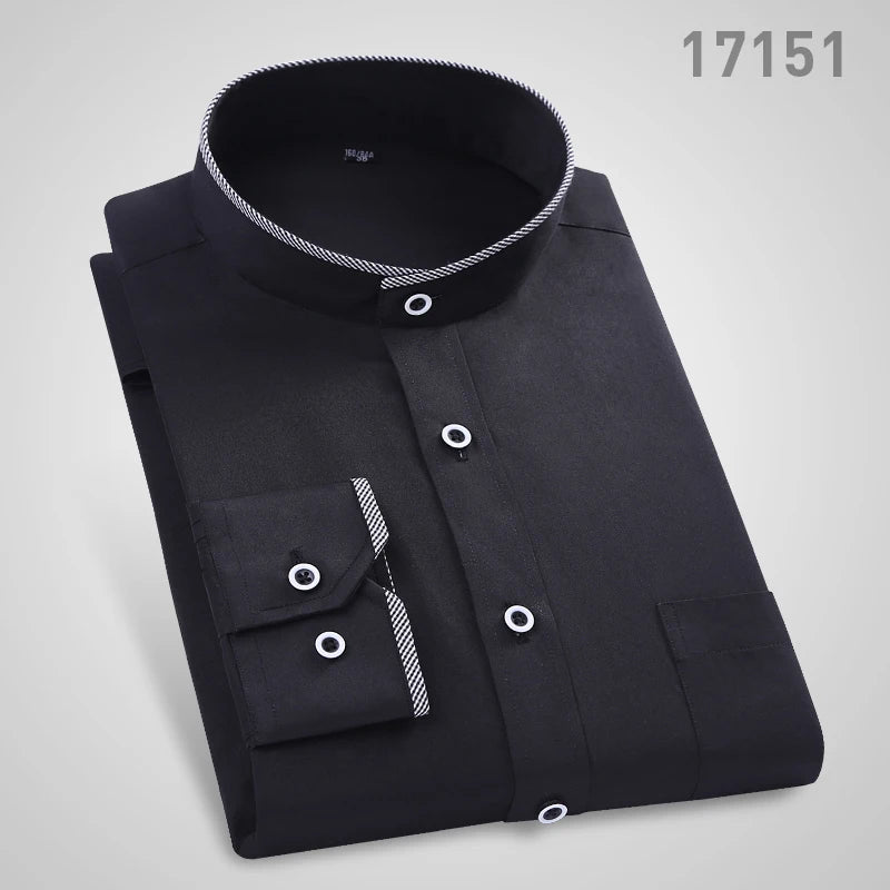 Men's Stand Up Collar Shirt Classic Round Neck Slim Fit Vertical Collar Long Sleeved White Shirt