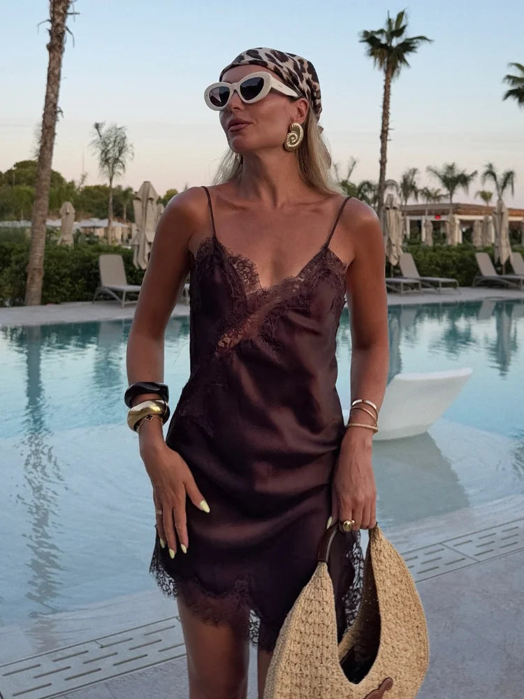 Sexy Solid Sling Lace Dress For Women Fashion Off Shoulder Backless High Waist Mini Vestido 2025 Chic Lady Party Holiday Dresses