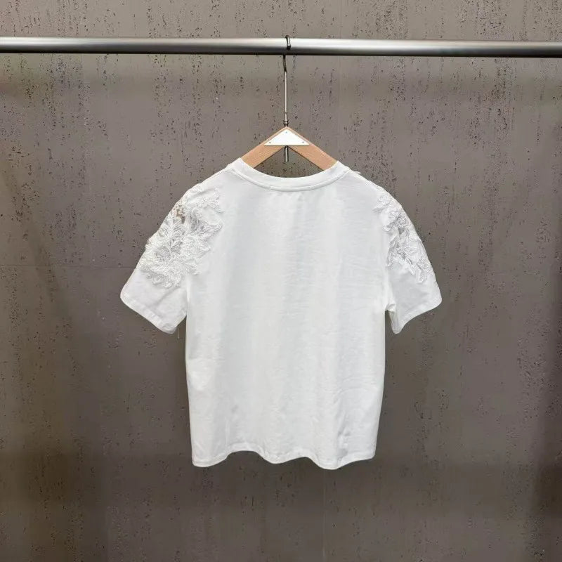New 2026 Summer Women Casual T Shirts Short Sleeve Spliced Lace Embroidery Solid Color Ladies Fashion O Neck Pullover Tees Tops