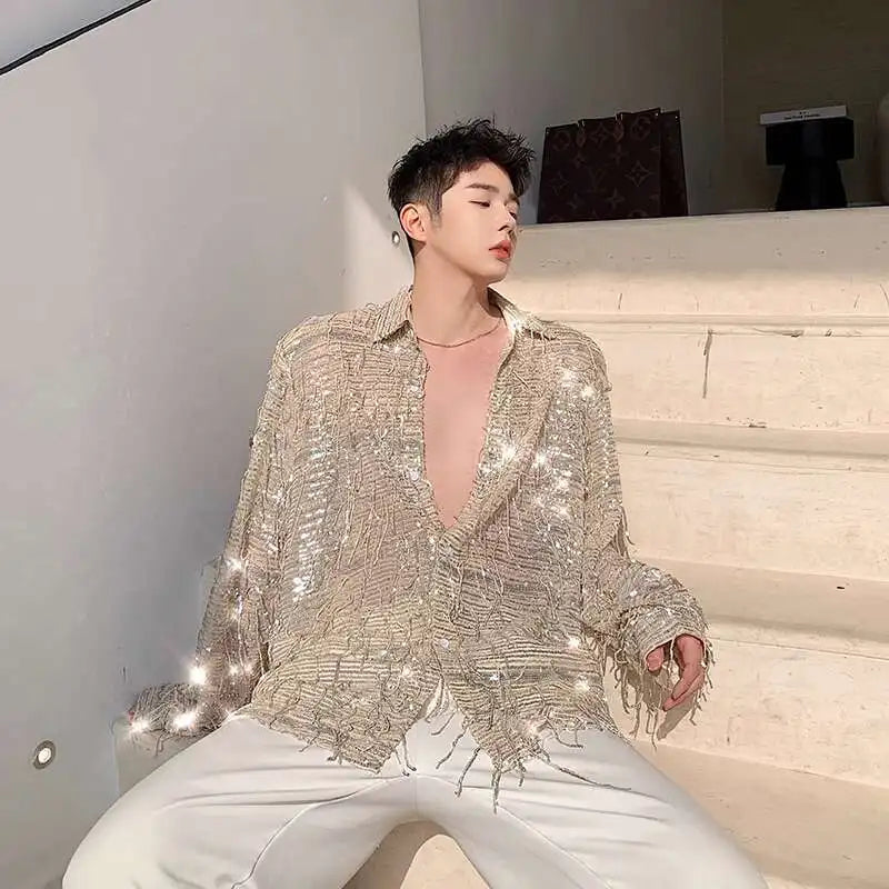 IEFB Spring Summer Men's Shirt Long Sleeve New Irregular Sequin Tassel Shirts Niche Streetwear Korean Style Male Top Tide 9Y7232