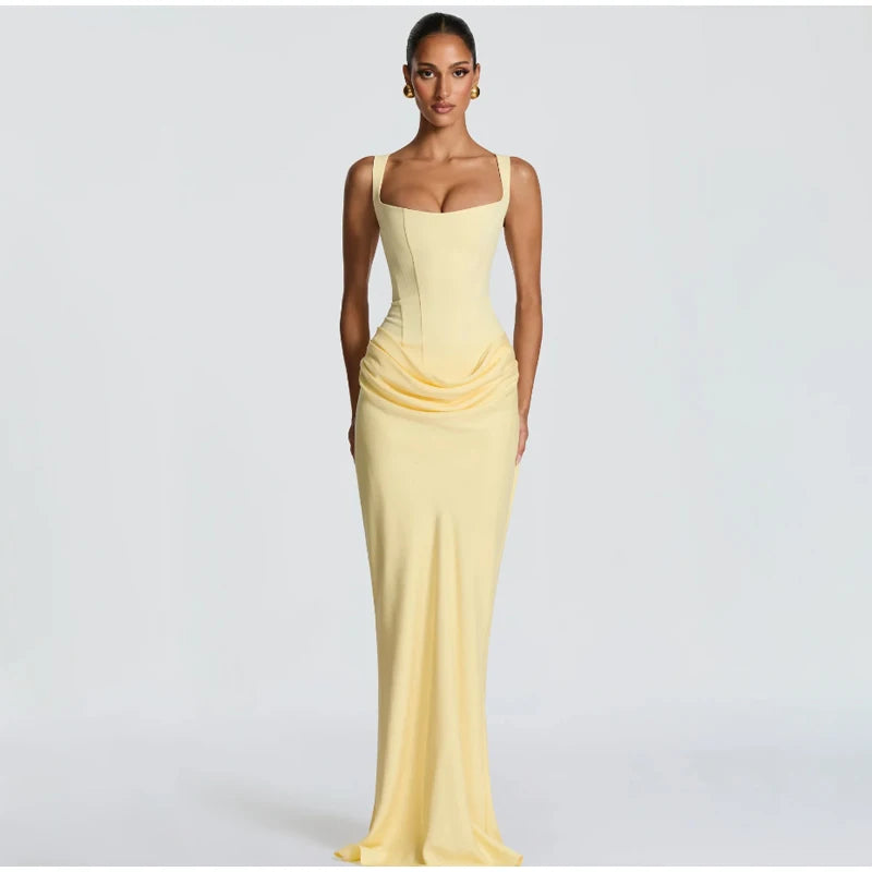 Solid Pleated Sling Dress Women Square Neck Sleeveless Backless Waist Cinching Bodycon Dresses Lady Summer Evening Party Gowns
