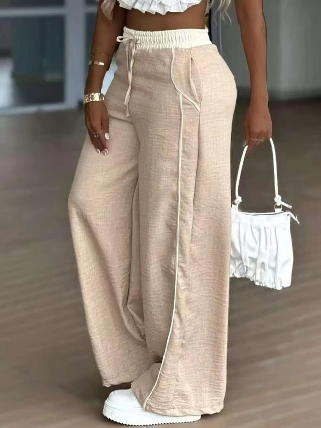 Beige High Waist Pants Full Length Drawstring Waist Trousers Side Stripe Pocket Detail Wide Leg Pants Solid Color Black Pants