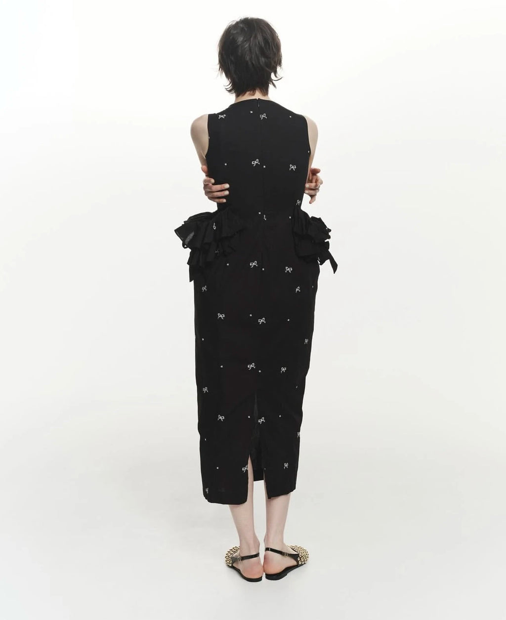 Japanese Sweet Basic Black Sleeveless Long Dress Summer 2025 New Women's Slim Cute Bow Printed Ruffles Casual Fashion Dress