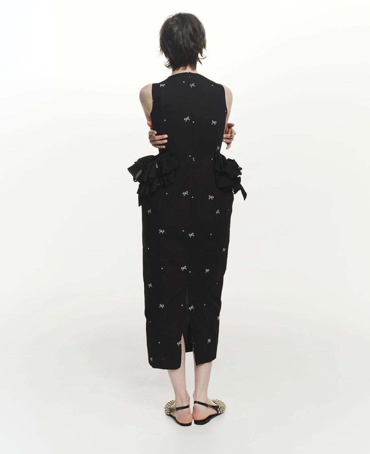 Japanese Sweet Basic Black Sleeveless Long Dress Summer 2025 New Women's Slim Cute Bow Printed Ruffles Casual Fashion Dress