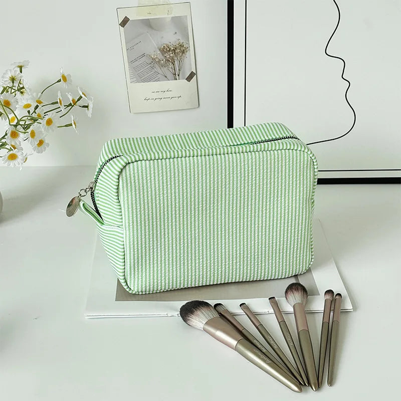 Personalized Striped Cosmetic Bag with Custom Text Embroidery Portable Travel Wash Bag Storage Pouch for DIY Makeup Skincare