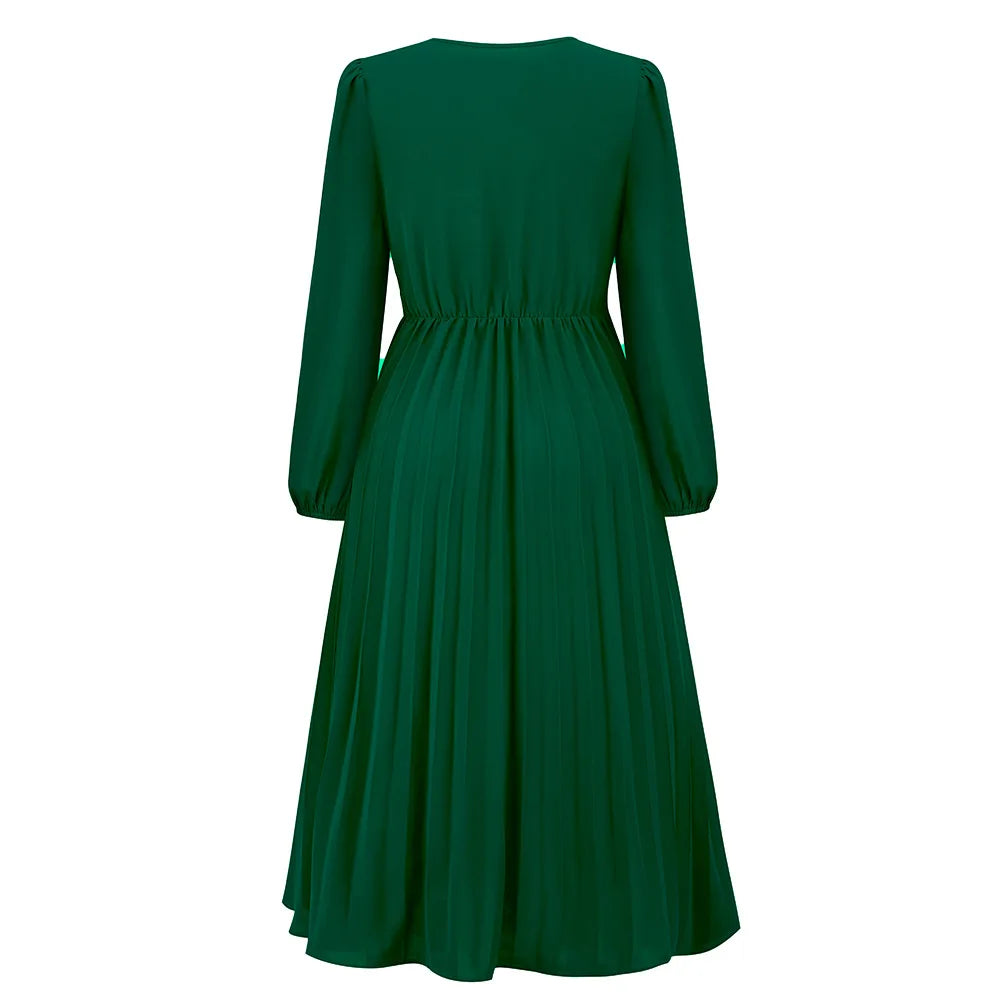 Elegant Women's Green Chiffon Autumn/Winter Long Sleeve Slim Fit Pleated Dress Fashion Women's V-neck Belt Party Dresses S-2XL