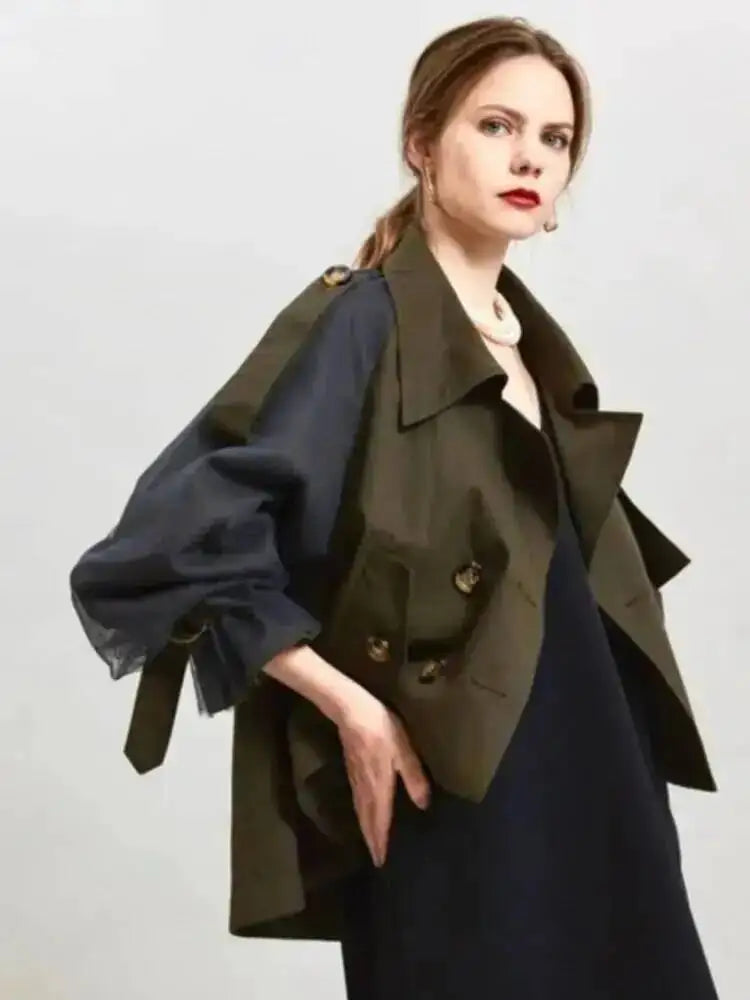 EAM Japanese Style Turn-Down Collar Double Breasted High-Low Hem Cropped Trench Coat Women's Jacket 2026 Autumn New