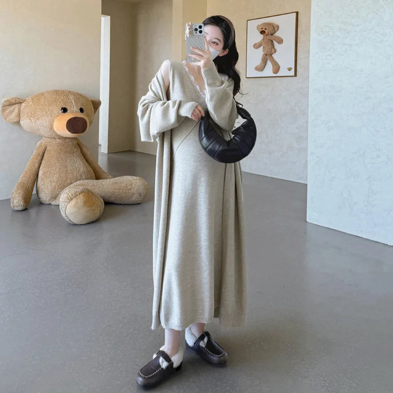Maternity Suit  Autumn High-End Lazy Style Versatile Long Coat And Lace Paneled V Neck Straight Tank Dress Two Piece Set