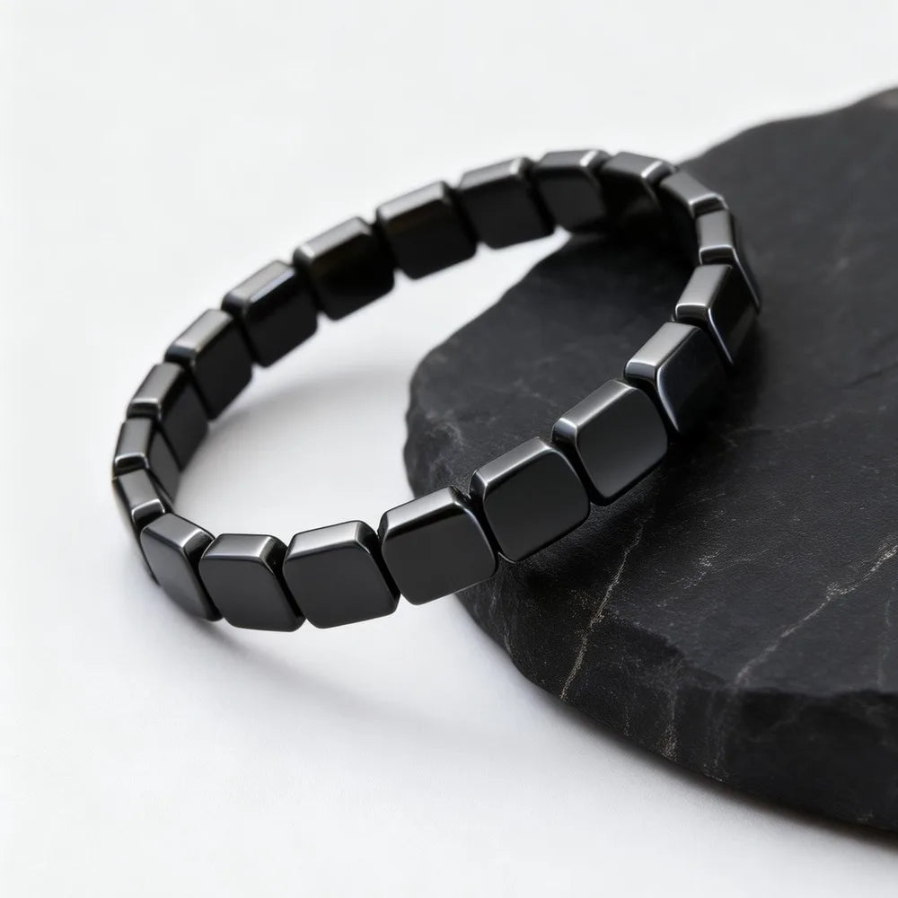 10mm Chunky Hematite Elastic Bracelet for Men,Black Natrual Stone Positive Energy Yoga Beaded Bracelet Gift
