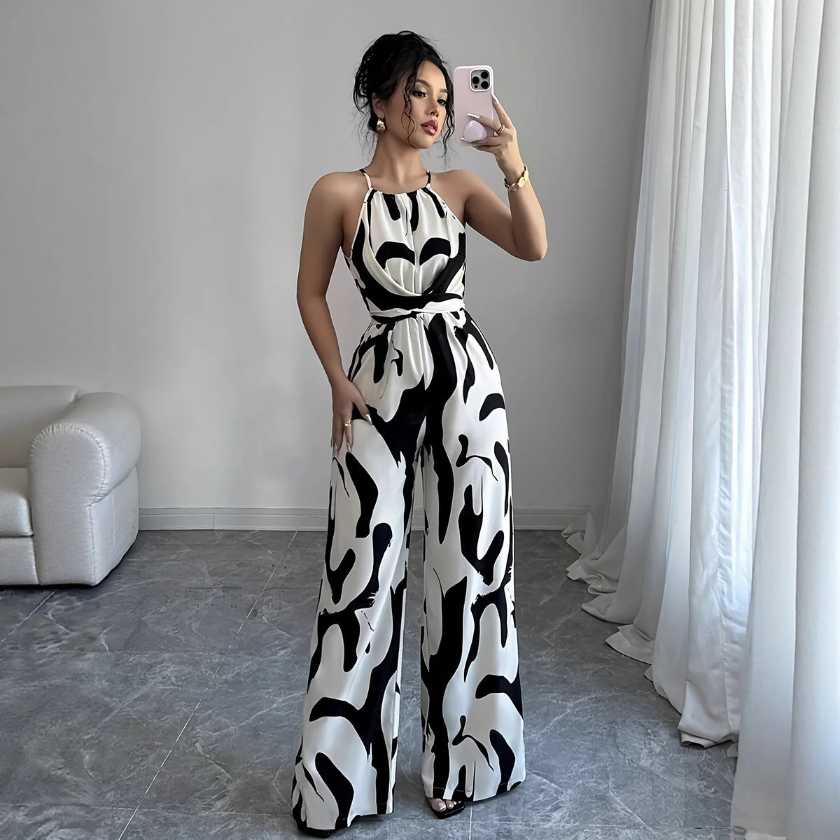 Women's Sexy Halter Neck Jumpsuits Casual Pants Rompers for Women Geometric Print Jumpsuit Party Outfits for Women Ropa Mujer