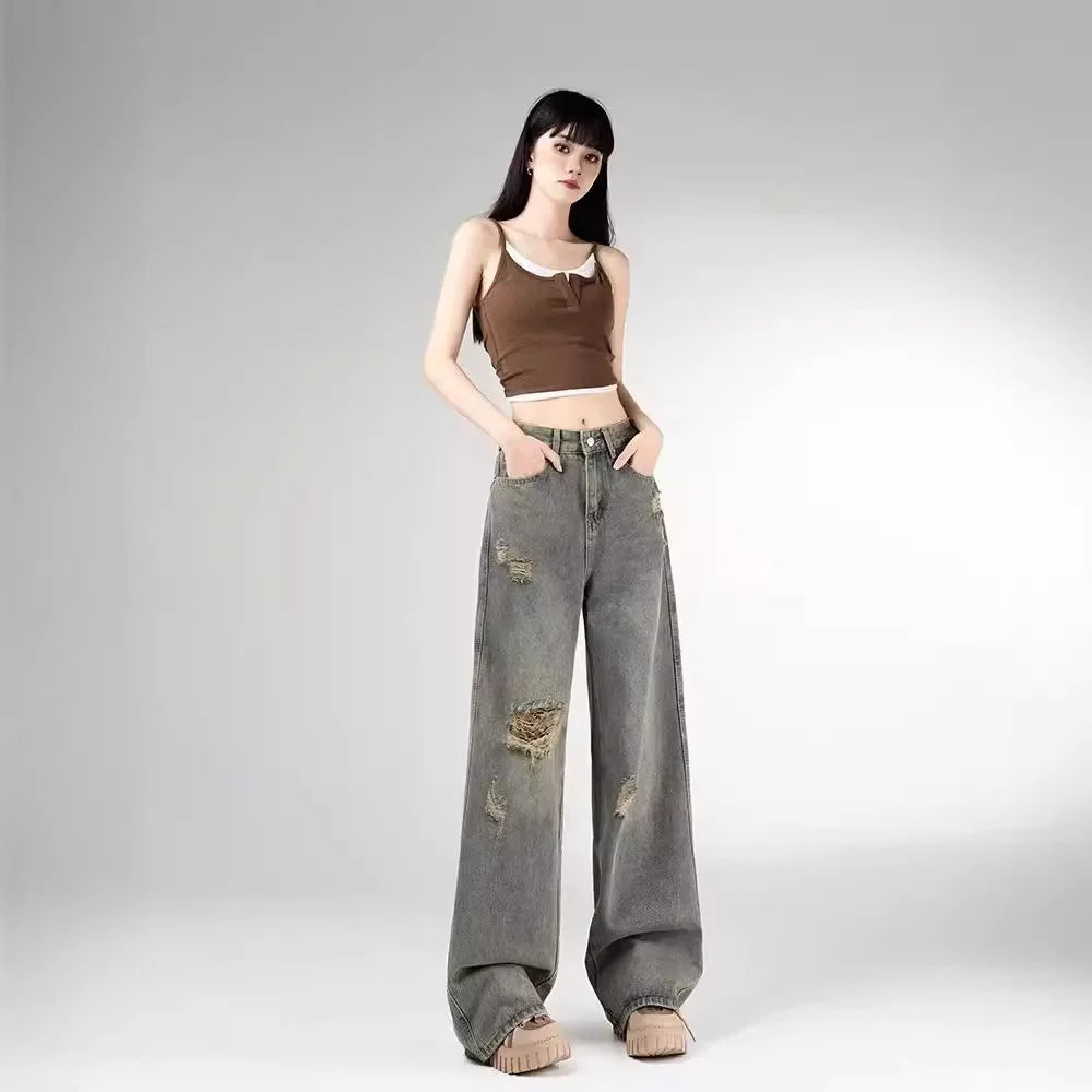 Women's Vintage Distressed Jeans High Waist Wide Leg Straight Denim Pants Loose Fit Summer Trousers 2025