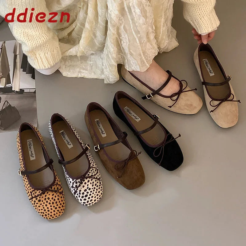 New Fashion Buckle Strap Women Mary Janes Flats Shoes Ballet Flats Female Soft Footwear Butterfly-Knot Ladies Shallow Shoes