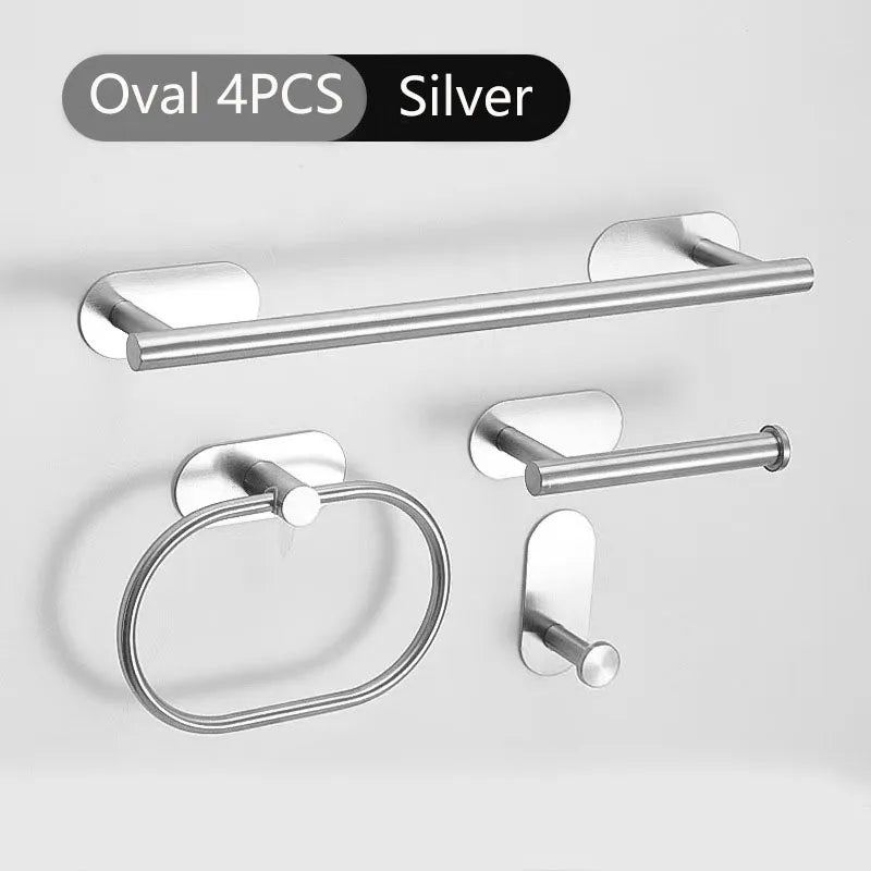 4pcs Bathroom Punch-free Towel Bar Set Stainless Steel Bathroom Hardware Wall-mounted Towel Rack Hook Tissue Holder