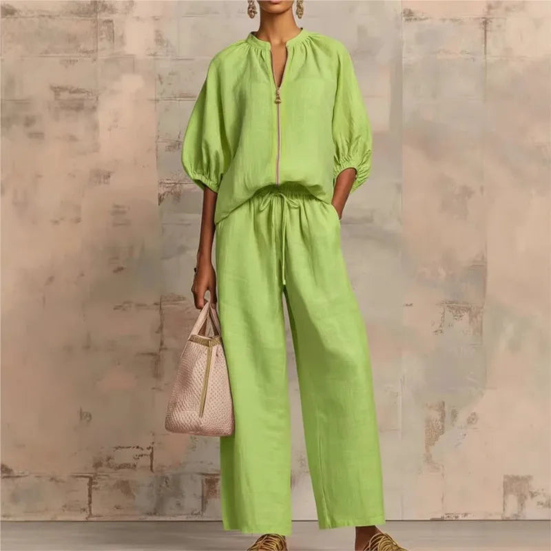 Women Solid 2 Piece Set Chic Laple Zipper Puff Sleeve Top + Wide Leg Pants Outfit Casual Matching Set for Vacation Daily Wear