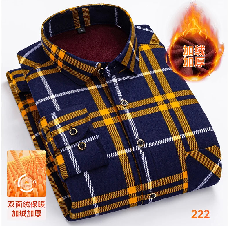 2025 Men's Winter Warm Shirts Long Sleeve Plaid Print Flower Autumn Thickened Fleece Street Trend Casual Dress Shirts 8XL 7XL