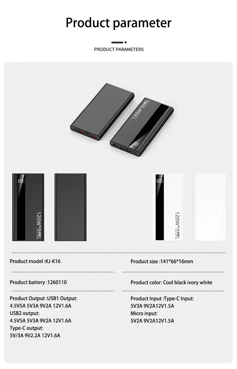 Lenovo 120W 50000mAh CCC Power Bank Super Fast Charging Ultra Capacity Portable Battery Charger LED Digital Display For IPhone