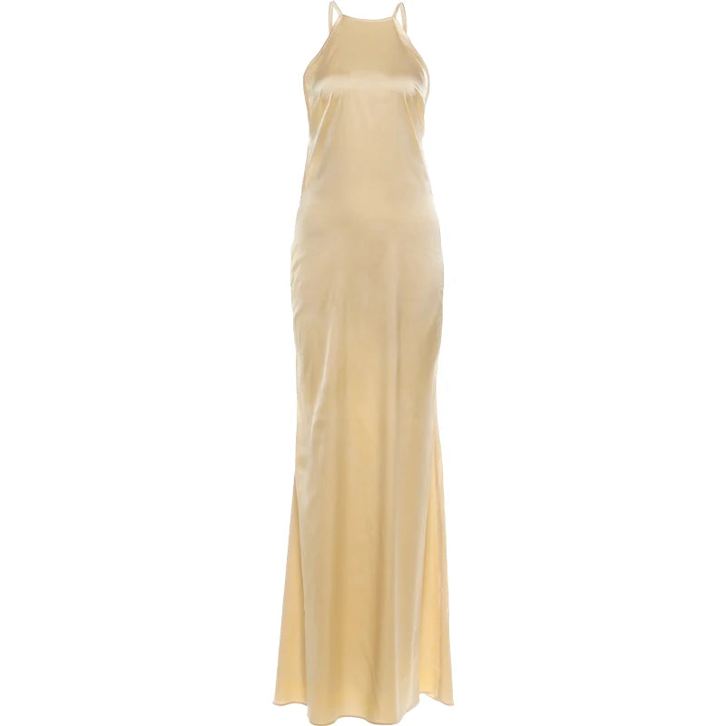 Nibber Sleeveless Halter Satin Dress Women Metal Buckle Elegant Patchwork Fashion Classic Evening Party Backless Long Bodycon