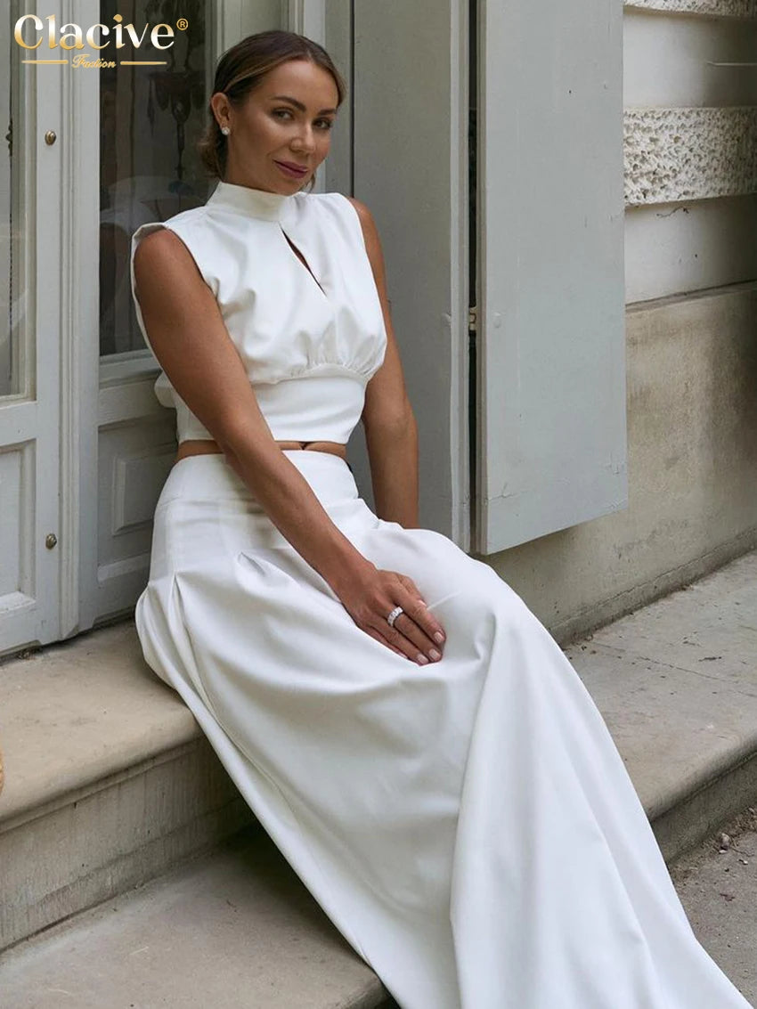 Clacive Summer Loose White 2 Piece Sets Woman Outfit 2025 Fashion Sleeveless Tank Top With High Waist Long Skirt Set Streetwear
