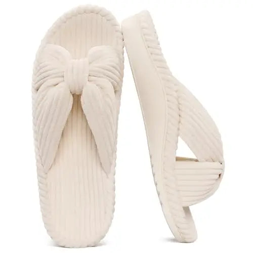 Comwarm Orthopedic House Slippers for Women Arch Support Cross Bow Indoor Slippers Corduroy Bedroom Shoes Open Toe Slip On