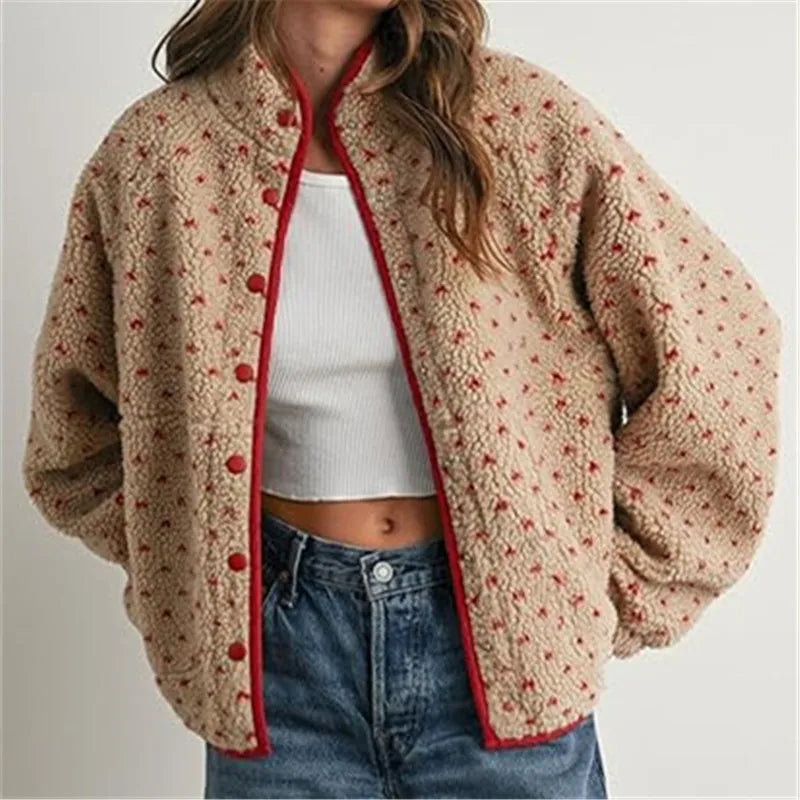Women Y2k Heart Printed Jacket Fuzzy Zip Up Long Sleeve Warm Oversized Fall Winter Sherpa Fleece Cropped Jackets Coat Outwear