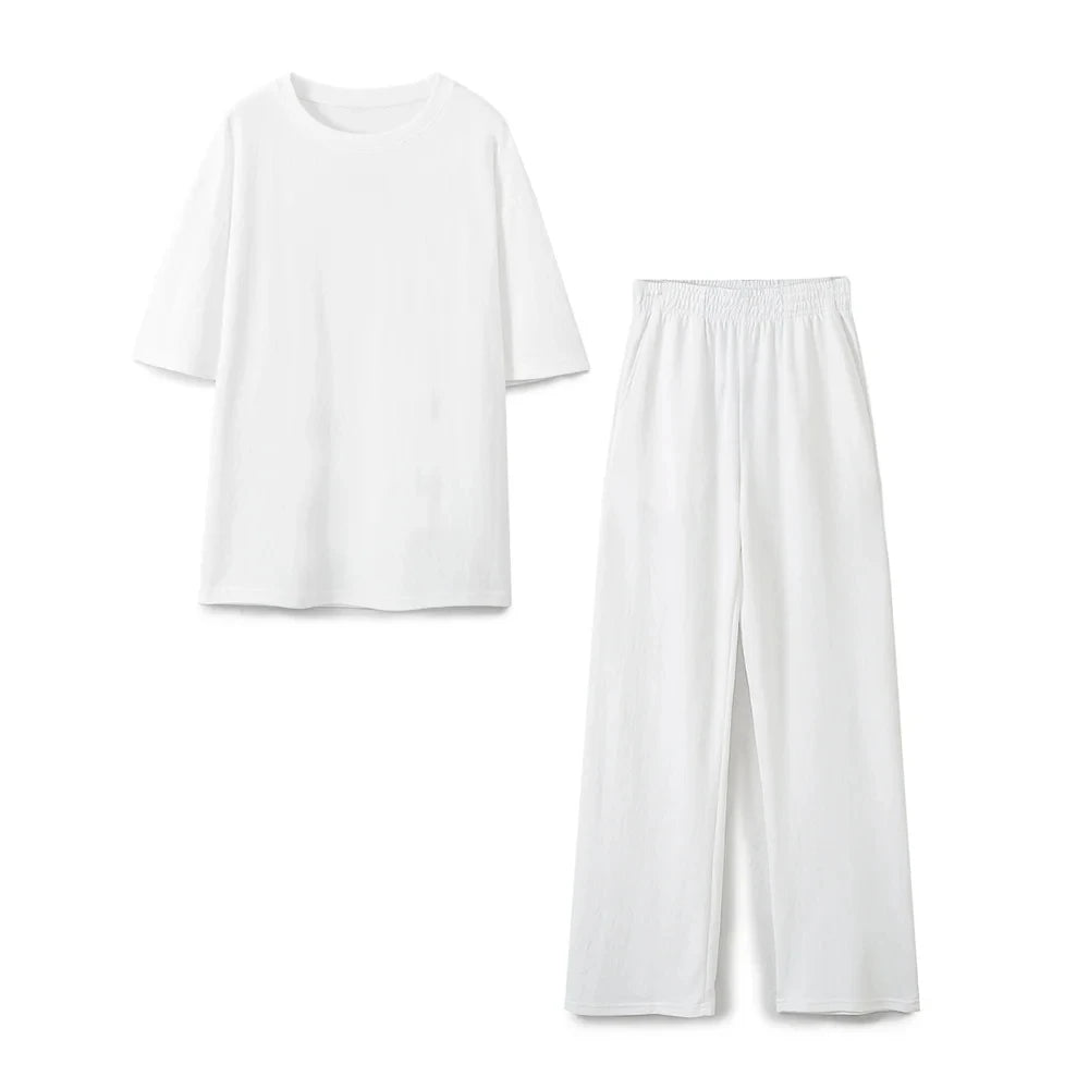 HH Women Vintage Solid Shirts Pant Sets O Neck Short Sleeve Shirts Top + Elastic Waist Loose Trousers Spring Commuting Suit