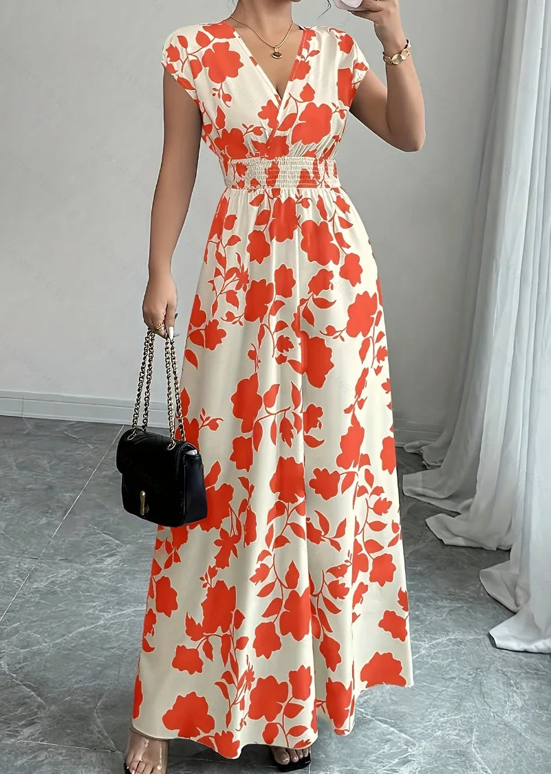 2026 Women's New Fashion Casual Daily Comfortable Elegant Lace-up Floral Print V-neck Short Sleeve Waist Women's Long Dress