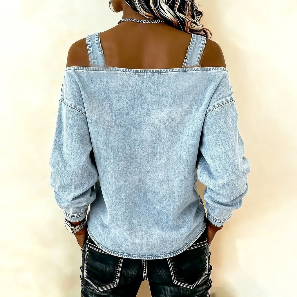Women's Denim Top, Stylish Off-the-shoulder Long-sleeved Top with Shoulder Straps, Elegant and Versatile Denim Shirt, Streetwea