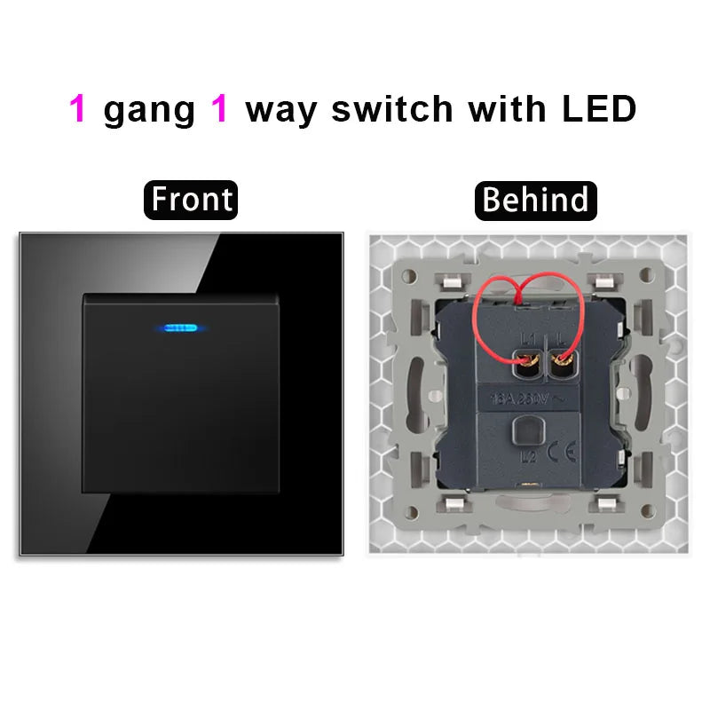 NYWP Luxury Crystal Tempered Glass Panel 1 Gang 2 Way Light Switch On / Off Wall Switch With LED Indicator 16A AC 250V