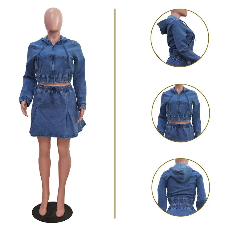 Streetwear Denim 2 Piece Sets Women Outfit Spring Clothing Women Full Sleeve Hooded Crop Top Pleated Skirt Sets Jean Dress Sets