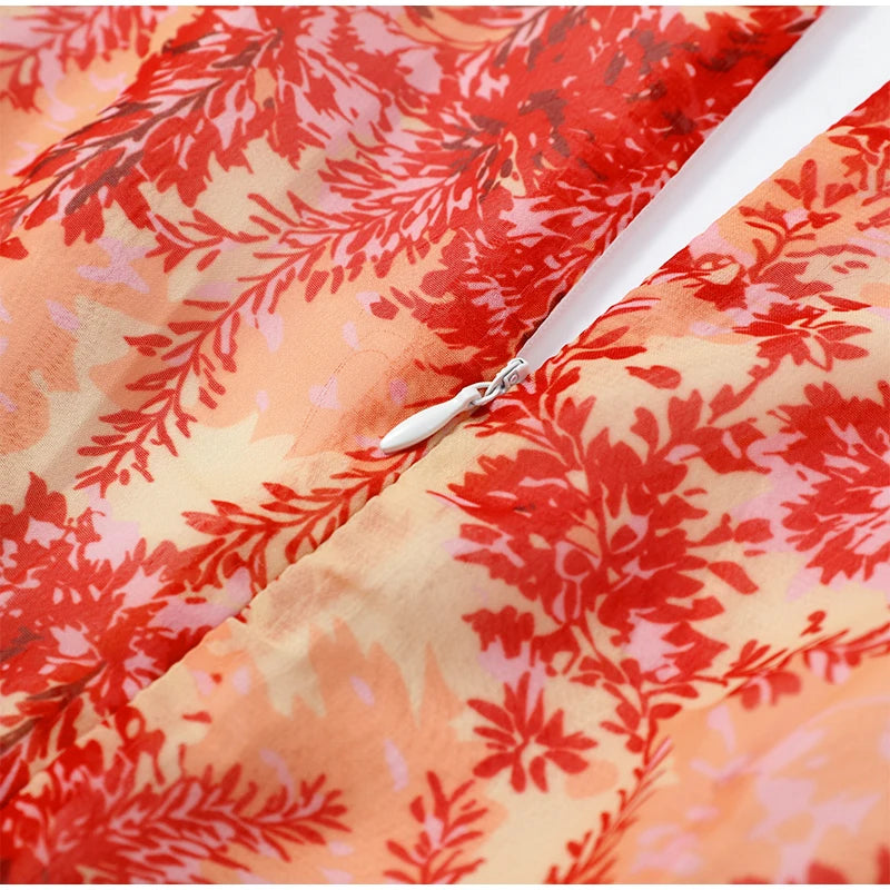 Elegant Ruffle Print Slim Short Dress Women Chic Patchwork Flared sleeves V-neck Pleated Dresses 2026 Lady Summer Casual Vestido