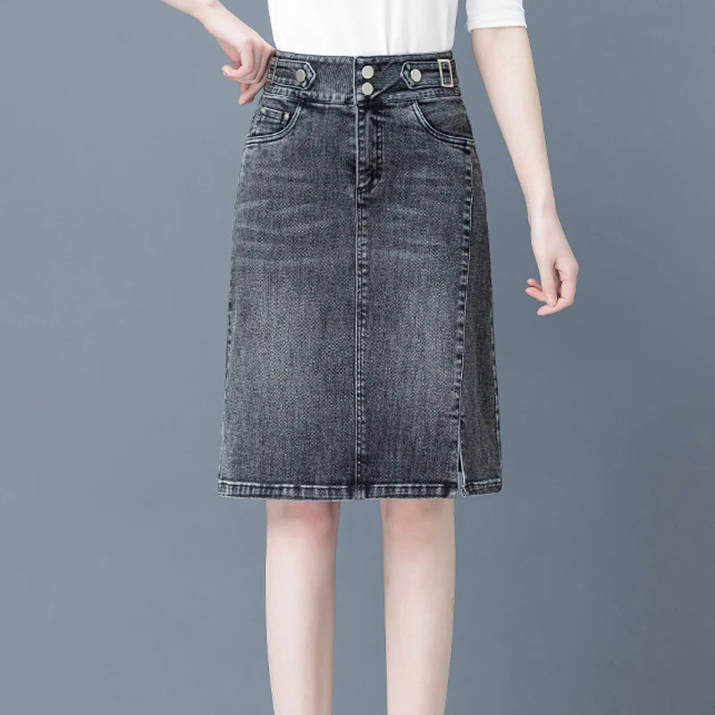 High Waist A-Line Midi Skirt for Women Spring 2023 Denim Split Long Dress Korean Style Commute Pure Color Long Skirt