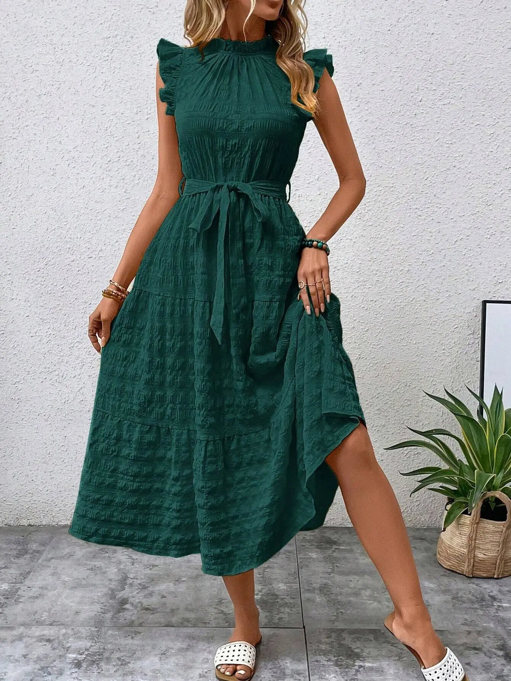 Elegant Women's Summer New Fashion Wooden Ear Edge Flying Sleeve Lace Up Texture Dress Purple  Sleeveless Lace Up Long Dresses