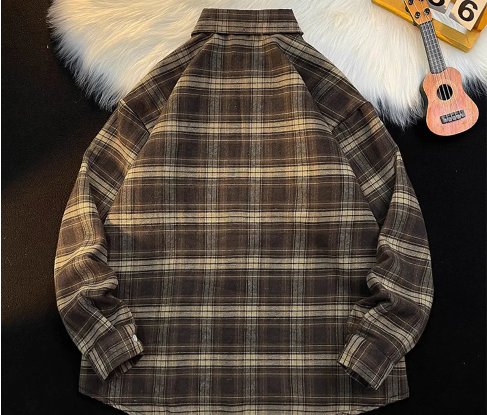 New 2026 Autumn and Winter Plus Velvet Thick Warm Plaid Shirt Men's Long Sleeved Japanese Retro Trend Loose Casual Shirt Jacket