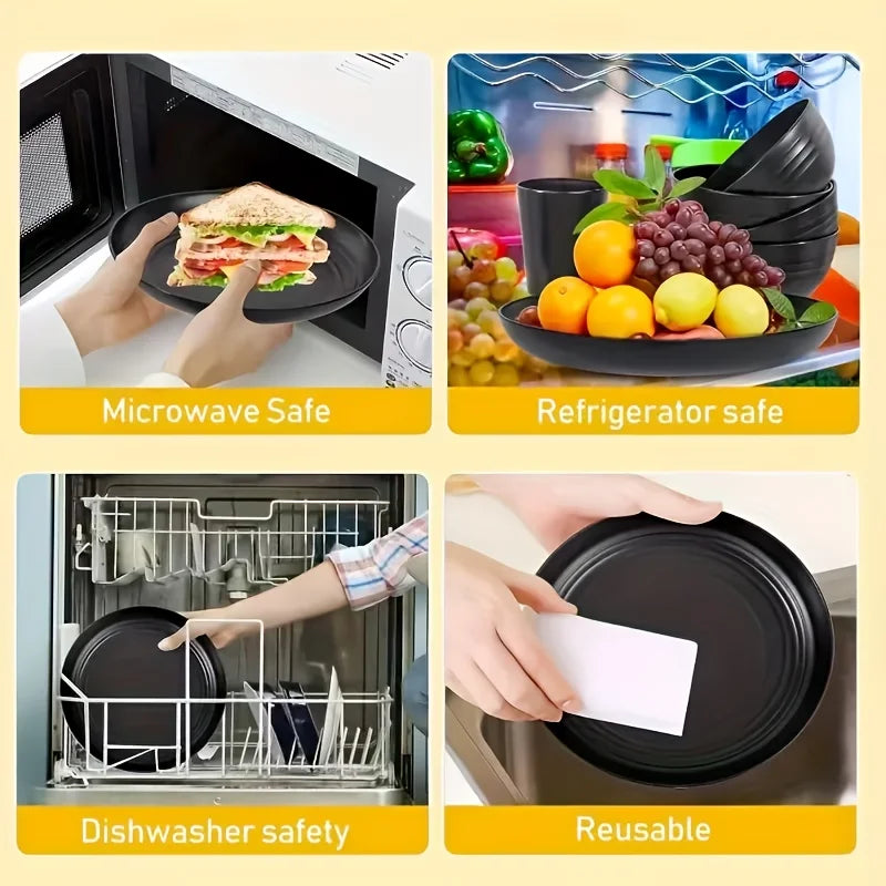 16Kitchen Set Made from Plastic Wheat Straw, Suitable for 4/8 People, Includes Plates, Dessert Plates, Cereal Bowls,